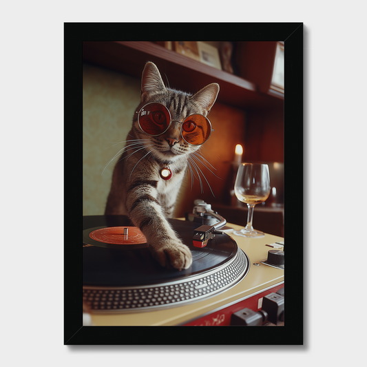 Cat wearing sunglasses on a turntable with a glass of wine in the background