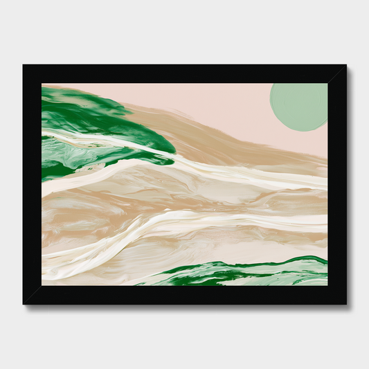 Framed abstract landscape art print featuring flowing beige and cream hills, green watercolor-like patches, and a pale green sun on a light pink sky, shown in a black frame against a light gray wall.