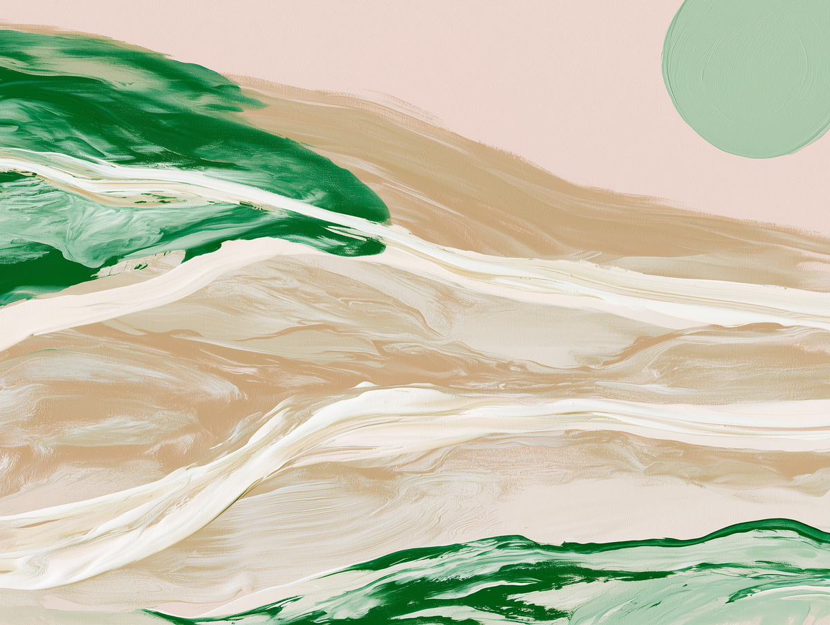 Abstract landscape-style artwork with flowing beige and cream terrain, dark green textured areas, and a pale mint-green circular shape in the upper right on a soft blush background.