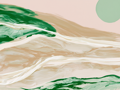 Abstract landscape-style artwork with flowing beige and cream terrain, dark green textured areas, and a pale mint-green circular shape in the upper right on a soft blush background.