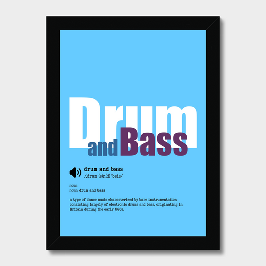 Framed poster with 'Drum and Bass' text on a blue background