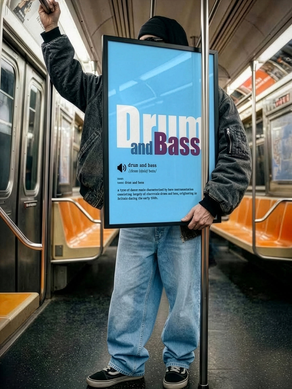 A person standing inside a subway car holds a large vertical poster or sign with the words 'Drum and Bass' in white and purple on a bright blue background. The person wears a black beanie, dark jacket, and light blue jeans.