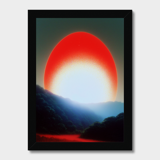 A framed art print featuring a surreal landscape with a giant glowing red sun over dark blue hills and a red path, presented in a black frame against a light gray background.