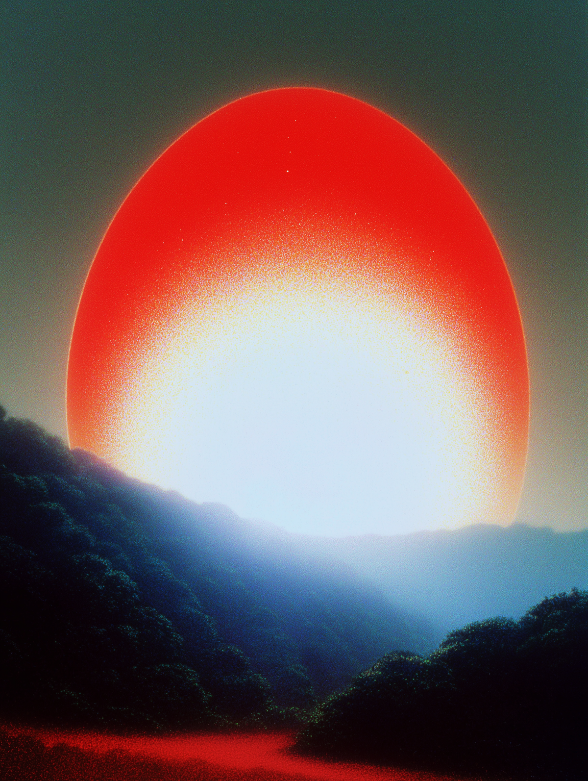 A surreal landscape artwork featuring a giant glowing red sun or orb rising above dark blue and black hills, with a bright white center and a muted gray-green sky.