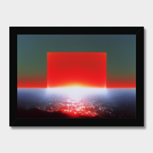 A framed abstract landscape-style print with a large glowing red square over a dark blue and black scene with bright white light at the center, shown against a light gray background.