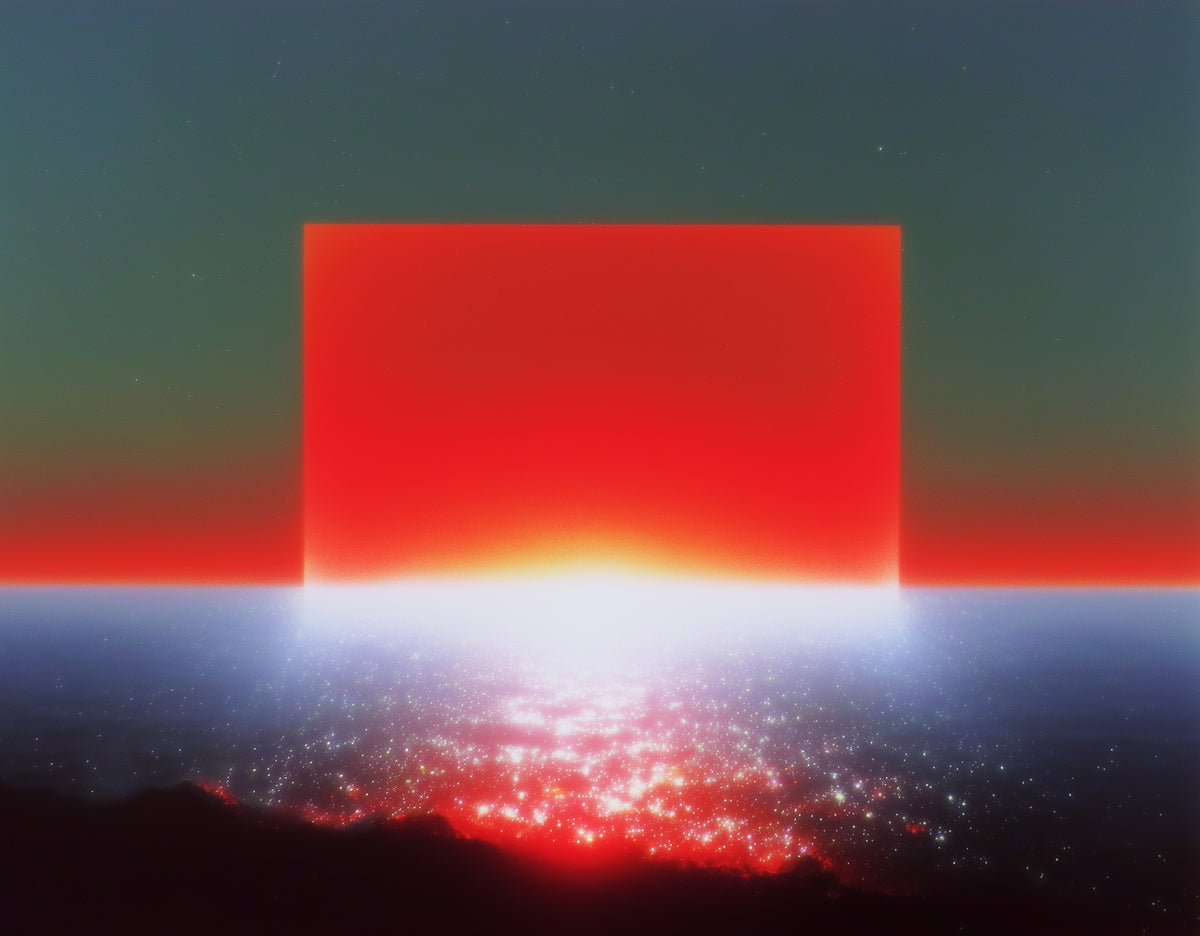 Abstract square art print featuring a glowing red-orange rectangle over a dark landscape with a bright white horizon and scattered stars in a dark sky.