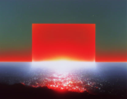 Abstract square art print featuring a glowing red-orange rectangle over a dark landscape with a bright white horizon and scattered stars in a dark sky.
