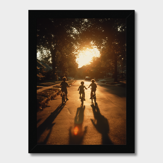 A framed photographic print showing three children riding bicycles down a sunlit street, viewed from behind as silhouettes against a bright sunset. The print is enclosed in a black frame and displayed on a light gray background.