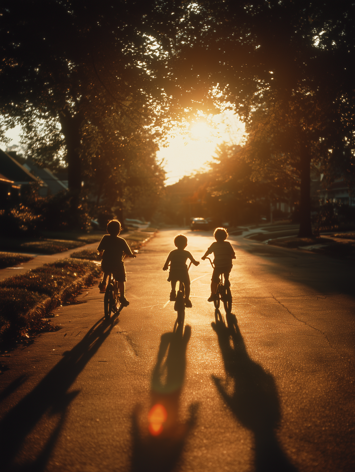 Three children riding bicycles down a sunlit residential street at sunset, silhouetted against bright golden light with long shadows stretching across the road.