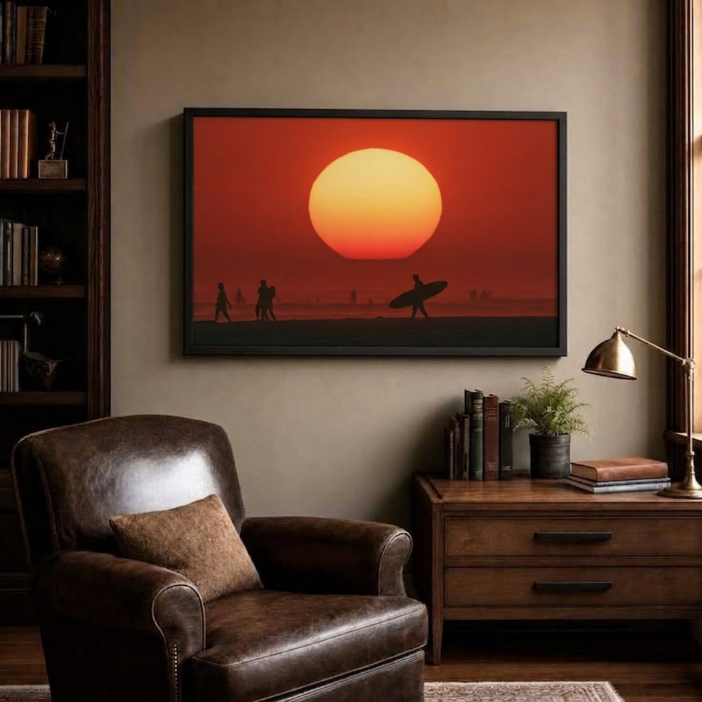 A framed wall art print showing a large orange and yellow sun over a beach silhouette scene, displayed above a brown leather armchair in a styled living room with a wooden side table and lamp.