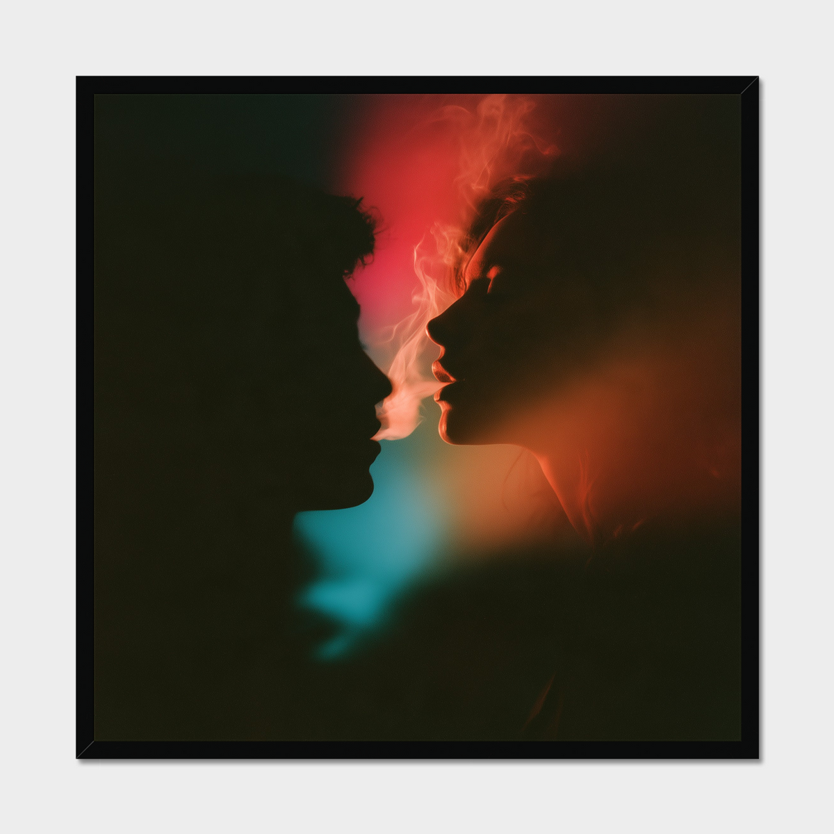A square framed art print featuring the silhouettes of two faces in profile facing each other, with dramatic red, orange, and teal smoke or light effects between them, shown against a light gray background.