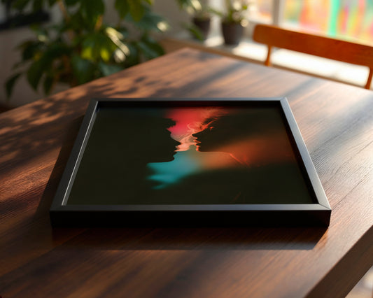 A square black-framed abstract art print resting on a dark wooden table in a sunlit room. The artwork features a dark background with vibrant, flowing shapes of red, orange, teal, and black.
