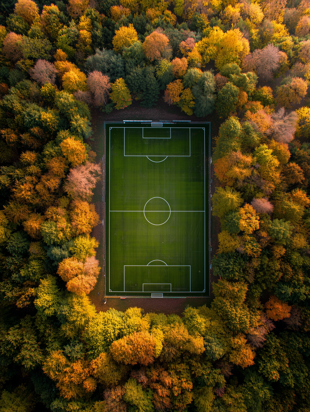 Aerial view of a green soccer field surrounded by dense autumn forest with yellow, orange, and green trees.