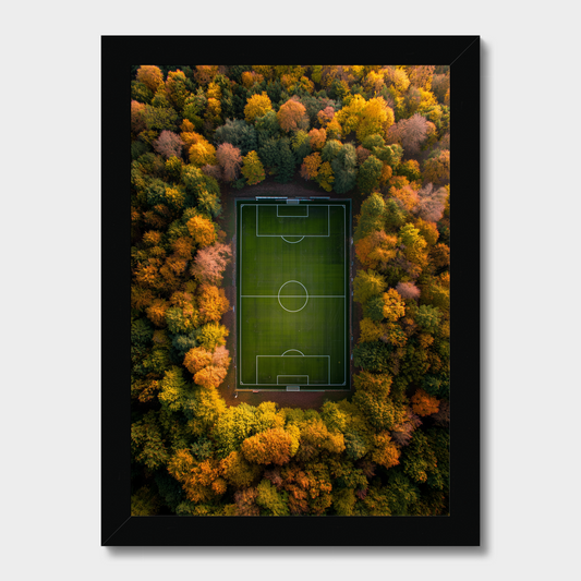 Framed wall art featuring an aerial view of a green soccer field surrounded by dense autumn forest in shades of orange, yellow, and green, shown in a black frame against a light gray background.