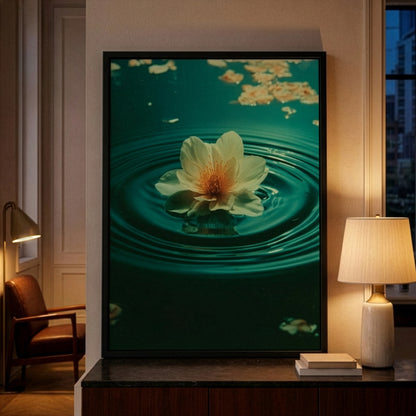A framed wall art print depicting a pale yellow lotus flower floating on dark teal water with ripples, displayed in a warmly lit interior next to lamps and a chair.