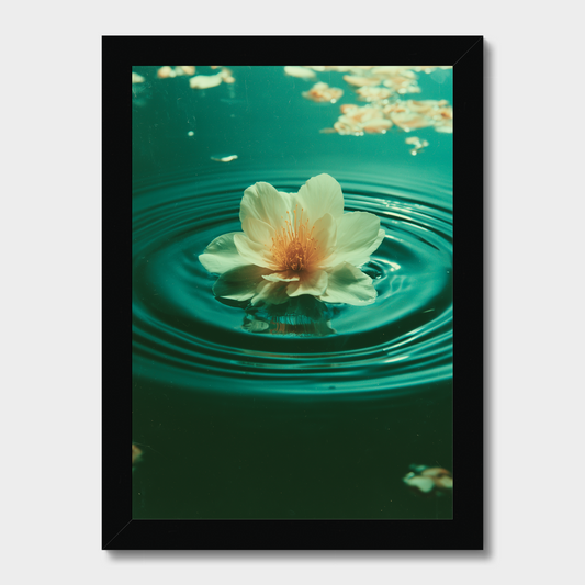 A framed art print featuring a white flower floating on green water with ripples, presented in a black frame against a light gray background.