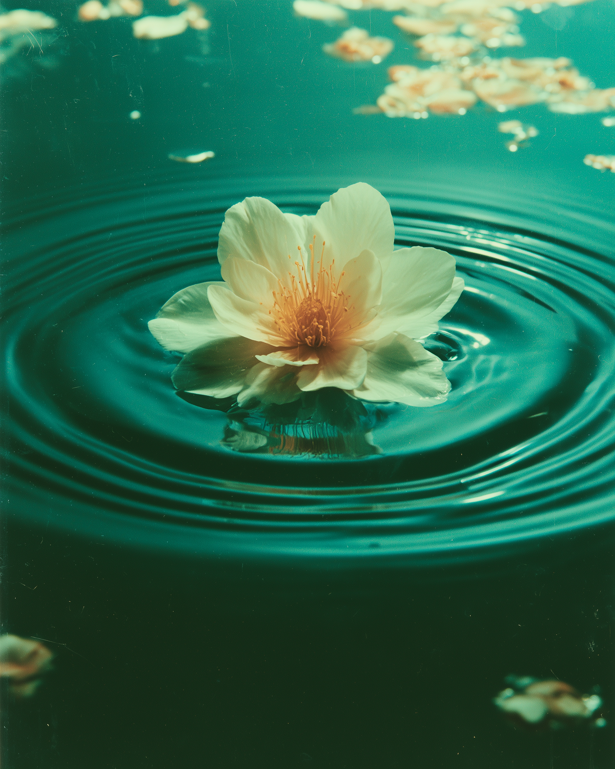 A single pale cream flower floating on dark teal water with concentric ripples and scattered petals around it.