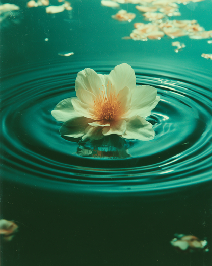 A single pale cream flower floating on dark teal water with concentric ripples and scattered petals around it.