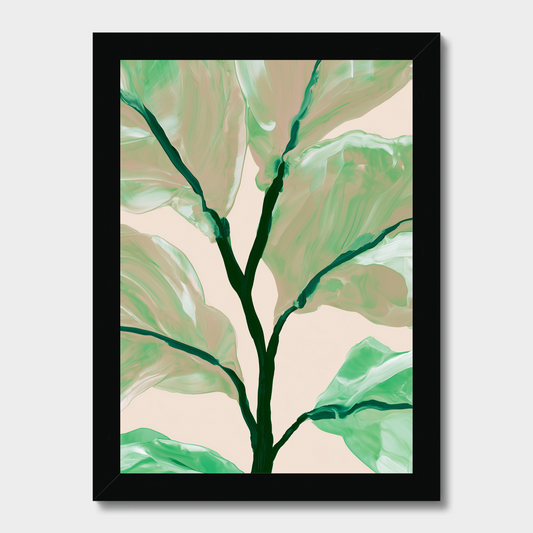 A framed abstract botanical art print featuring green leaves and dark green stems on a light beige background, enclosed in a black frame against a light gray wall.