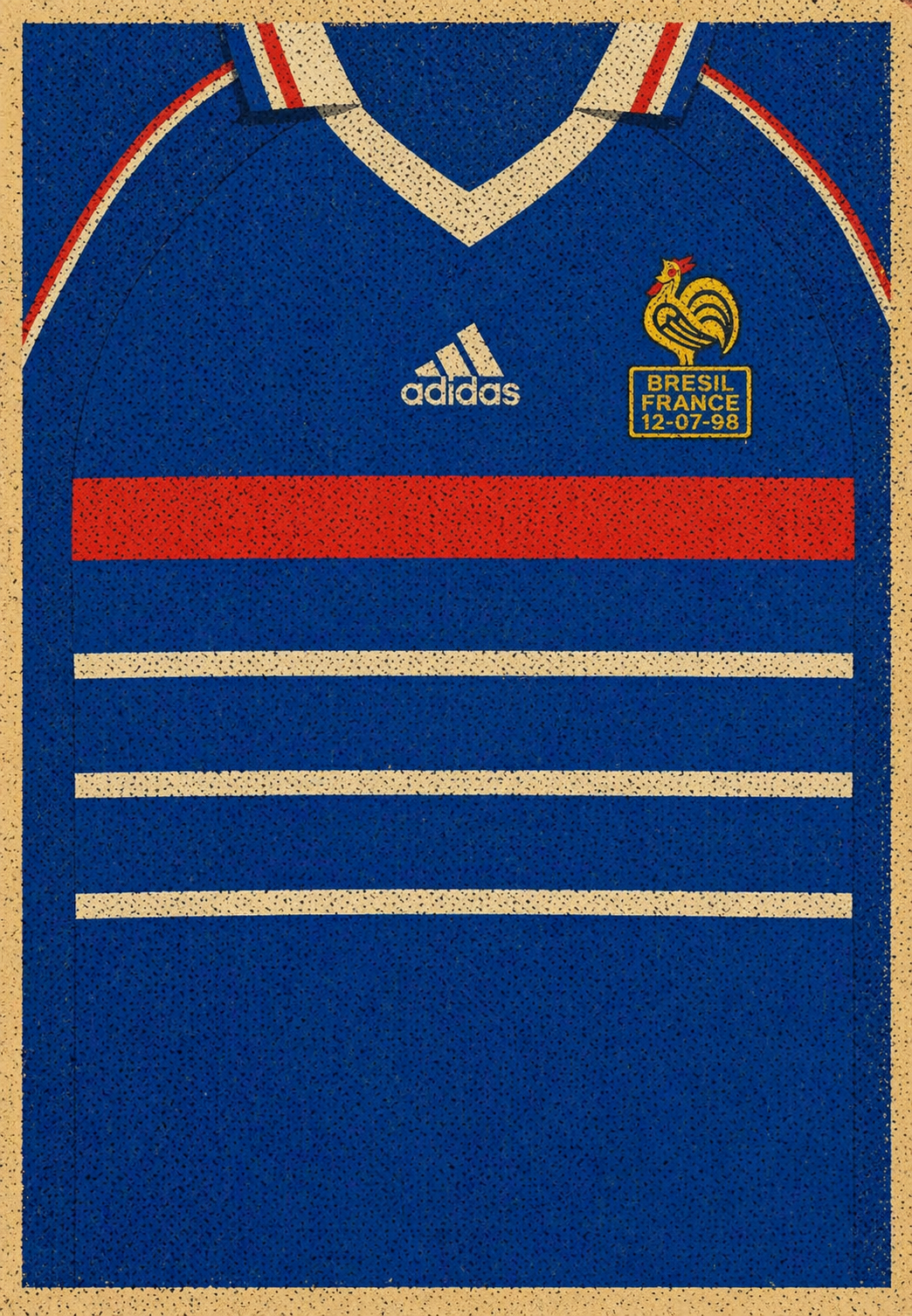 A blue Adidas France jersey with a red chest stripe, cream trim, and gold crest details, shown flat against a cream background.