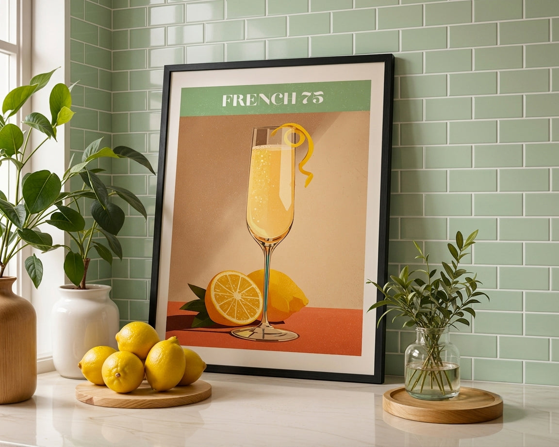 A framed art print featuring a vintage-style illustration of a French 75 cocktail with lemons, displayed on a kitchen counter against a green subway tile wall.