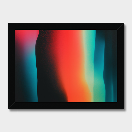 A framed abstract art print featuring vertical gradients of red, orange, teal, and black, presented in a black frame against a light gray background.