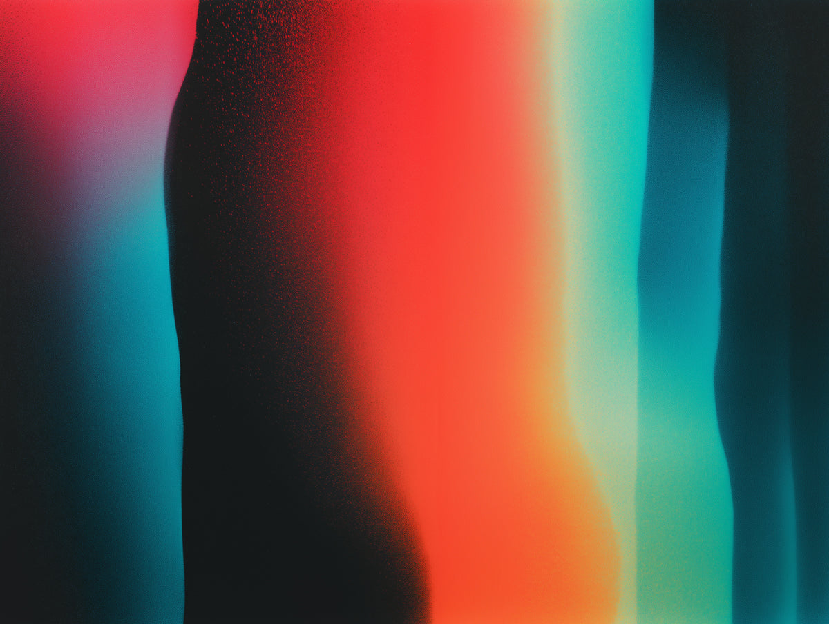 Abstract artwork featuring a vertical textured form in black and red, transitioning through orange and yellow into bright cyan and teal on a dark background.