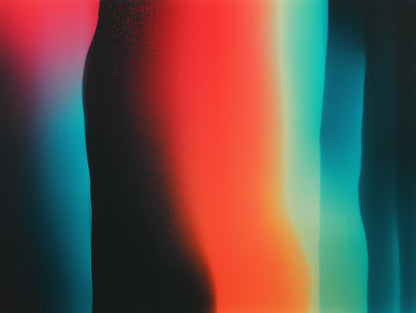 Abstract artwork featuring a vertical textured form in black and red, transitioning through orange and yellow into bright cyan and teal on a dark background.