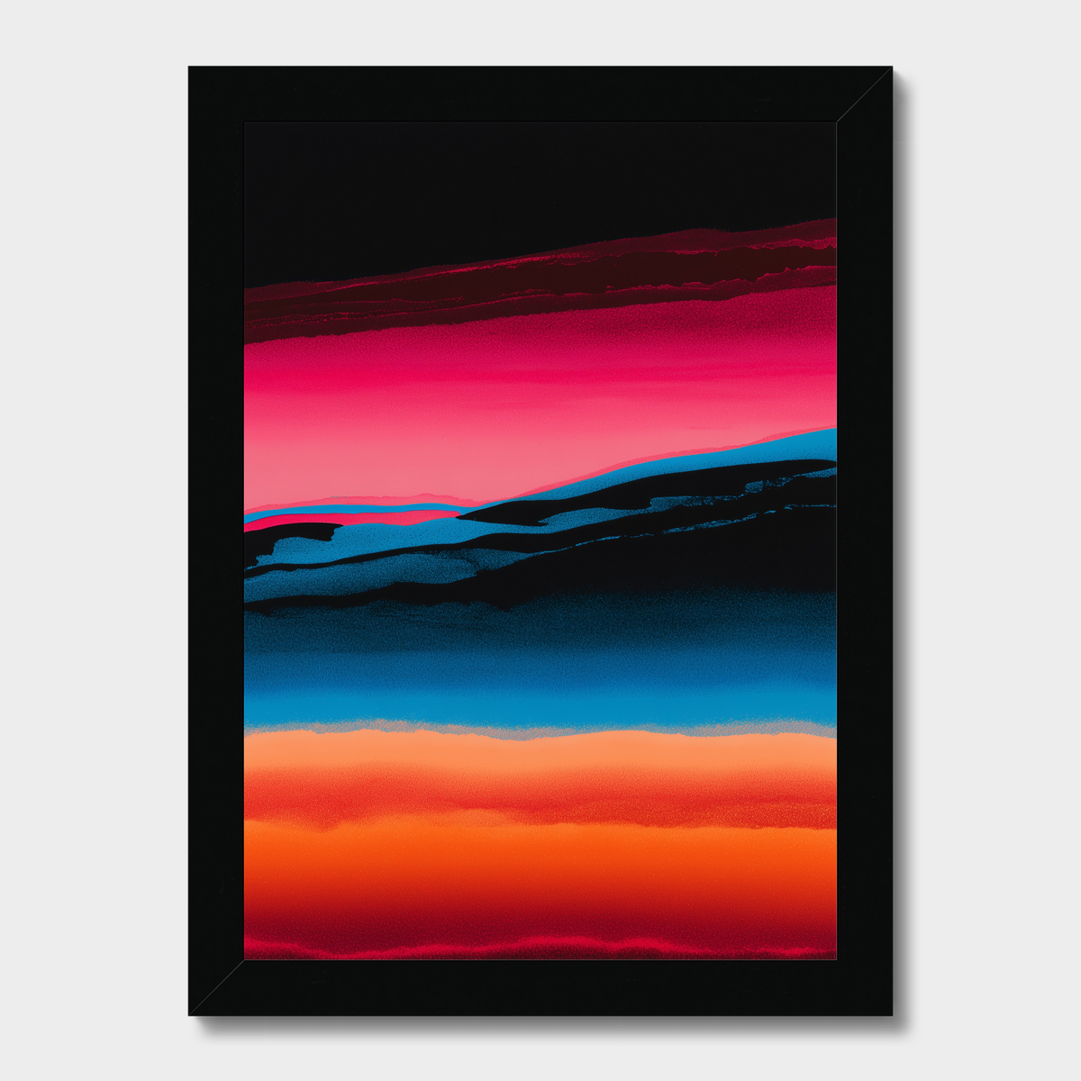A framed abstract art print featuring horizontal bands of black, vibrant pink, blue, orange, and red, presented in a black frame against a light gray background.