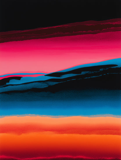 Abstract landscape art print featuring horizontal bands of black, vibrant pink, cyan blue, orange, and deep red.