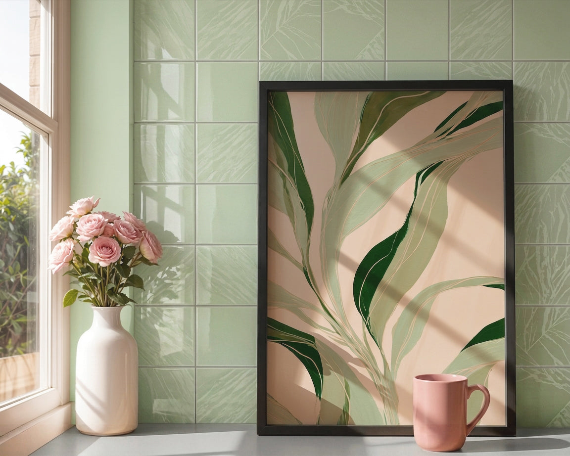 A framed botanical art print with green leaves on a beige background, leaning against a glossy green tiled wall next to a window with pink roses in a vase and a pink mug.