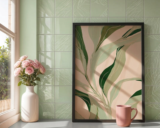 A framed botanical art print with green leaves on a beige background, leaning against a glossy green tiled wall next to a window with pink roses in a vase and a pink mug.