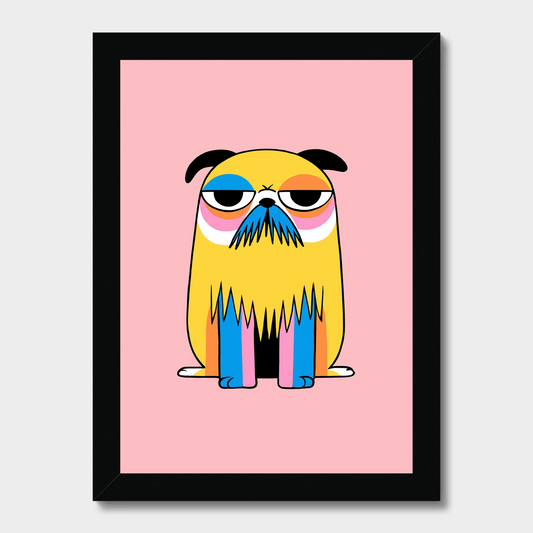 A framed art print featuring a stylized, colorful cartoon dog with a pink background, shown against a light gray backdrop.