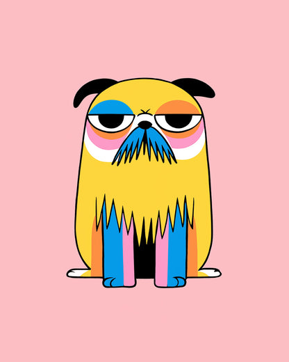 A stylized cartoon dog illustration centered on a solid pink background. The dog is primarily yellow with black ears and facial features, plus blue, pink, orange, and white graphic accents around the eyes, nose, and legs.
