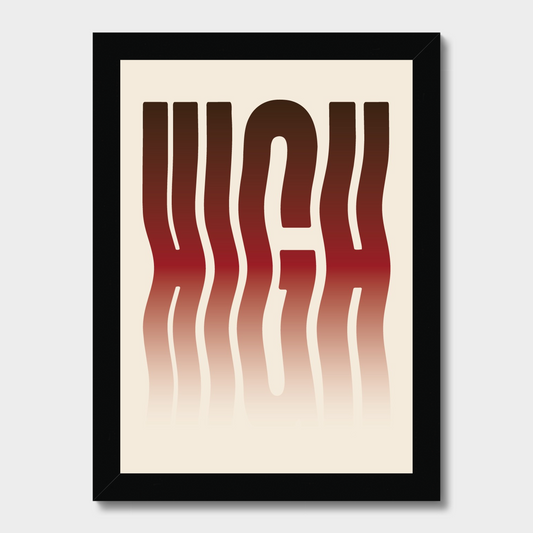 Framed abstract art print with wavy red and brown design on a beige background