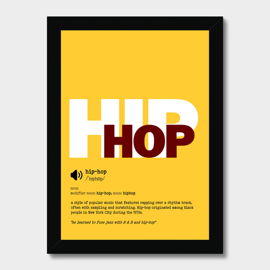 Framed poster with 'HIP HOP' text on a yellow background