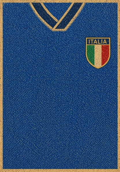 A close-up of a blue textured soccer jersey with a gold V-neck trim and an Italy crest on the chest.
