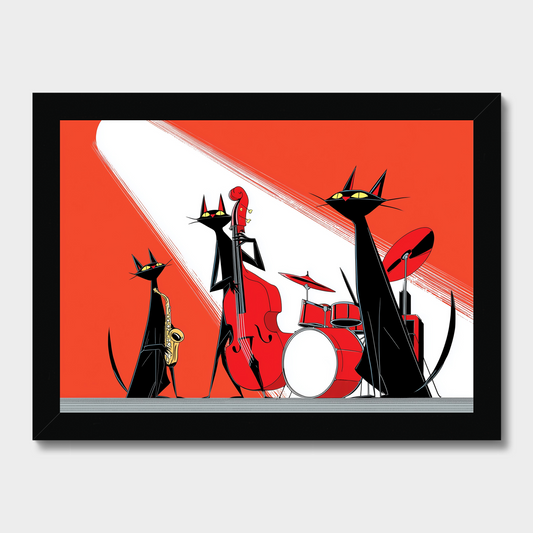 Framed artwork of cartoon cats playing music on a red and white background