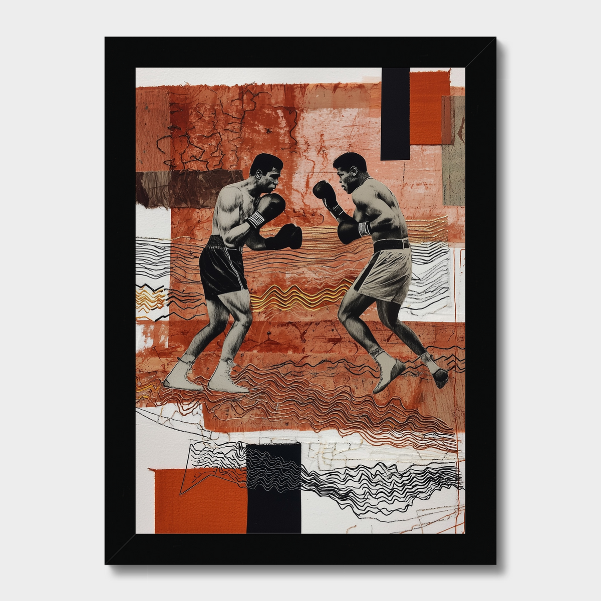 A framed abstract art print depicting two boxing figures in black and white, set against a background of textured rust-orange, white, and black geometric blocks. The print is housed in a simple black frame and shown against a light gray background.