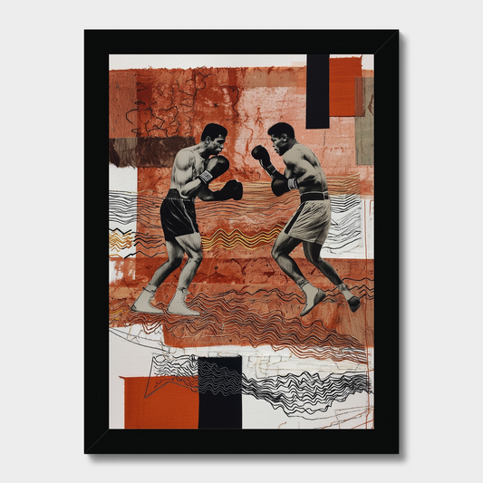 A framed abstract art print depicting two boxing figures in black and white, set against a background of textured rust-orange, white, and black geometric blocks. The print is housed in a simple black frame and shown against a light gray background.