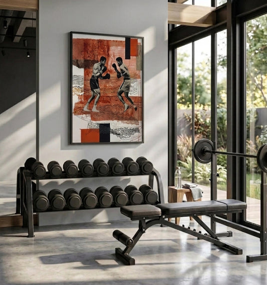 A framed abstract boxing art print hangs on a light gray wall in a modern gym setting with a weight bench, dumbbells, and a barbell visible in the foreground.