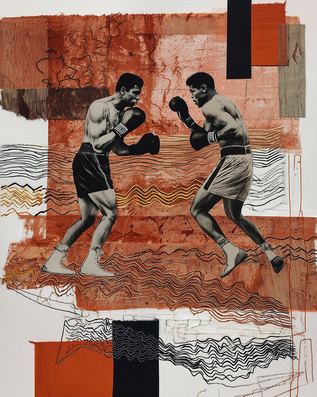 An abstract mixed-media art print depicting two boxing figures in black and white, set against a background of textured terracotta, rust, black, and beige blocks with wavy line patterns.