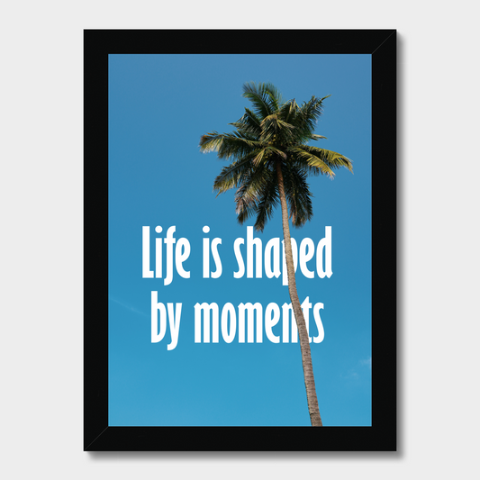 Framed poster with a palm tree and motivational quote on a blue background