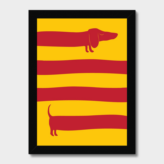Framed artwork with red dachshunds on a yellow background