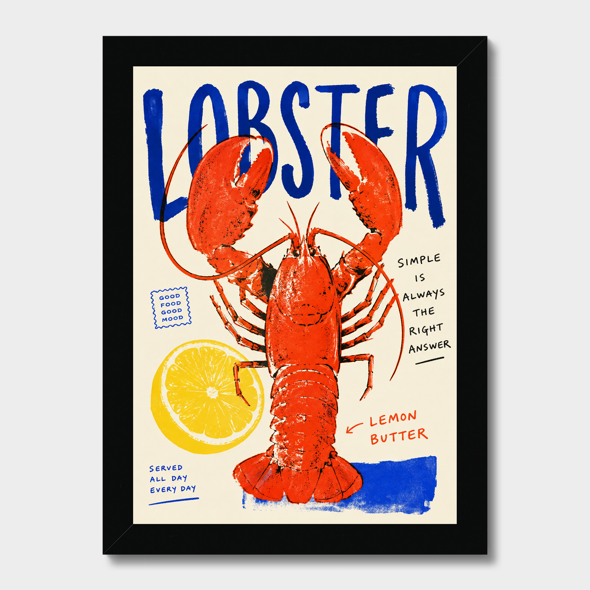 A framed art print featuring a whimsical illustration of a red lobster on a cream background with bold blue text reading 'LOBSTER', a yellow lemon slice, and handwritten-style labels. The print is shown in a black frame against a light gray wall.