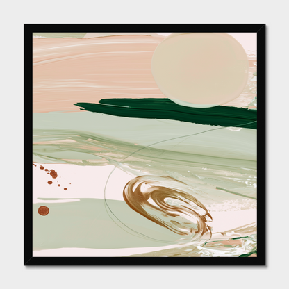 A framed abstract art print featuring textured brushstrokes in beige, sage green, dark green, and brown, with a large cream circle and small brown dots, presented in a black frame against a light gray background.