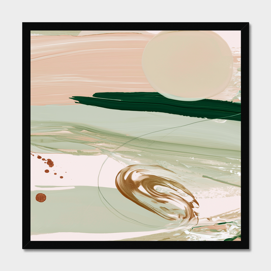 A framed abstract art print featuring textured brushstrokes in beige, sage green, dark green, and brown, with a large cream circle and small brown dots, presented in a black frame against a light gray background.
