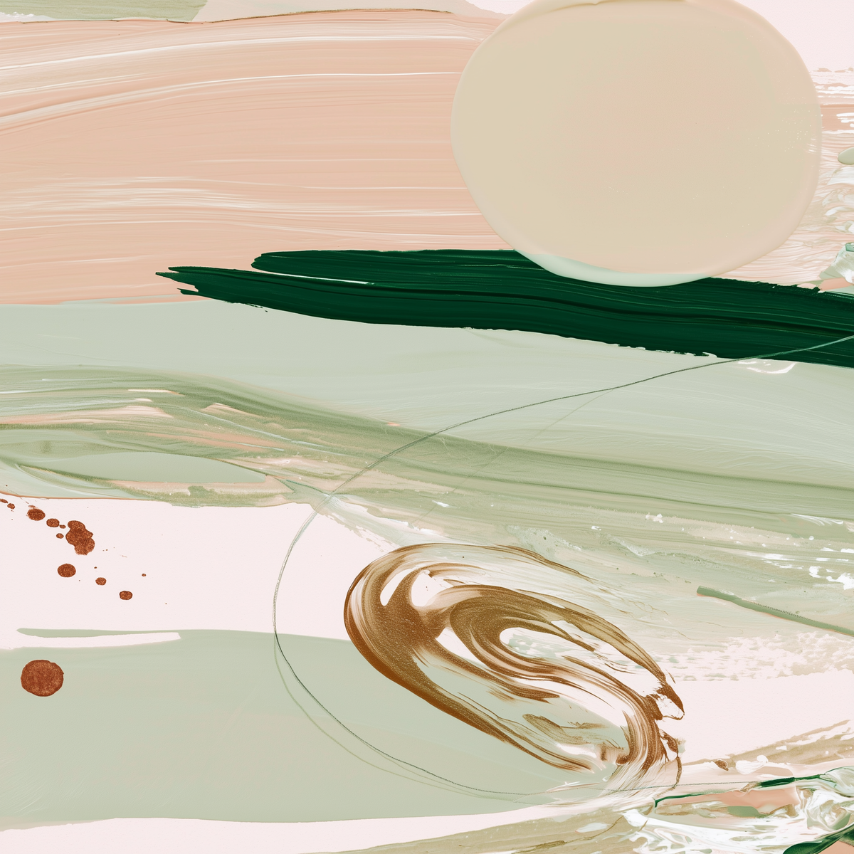 Abstract painting with broad brushstrokes in soft peach, cream, sage green, dark green, and brown, with a large cream oval and a swirling brown motif near the lower center.