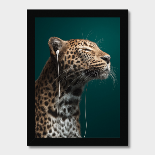 Framed artwork of a leopard's head on a dark green background