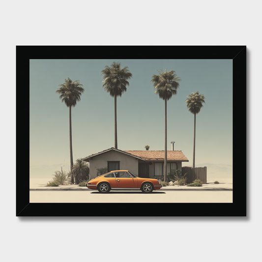 Vintage car parked in front of a house with palm trees on a white background